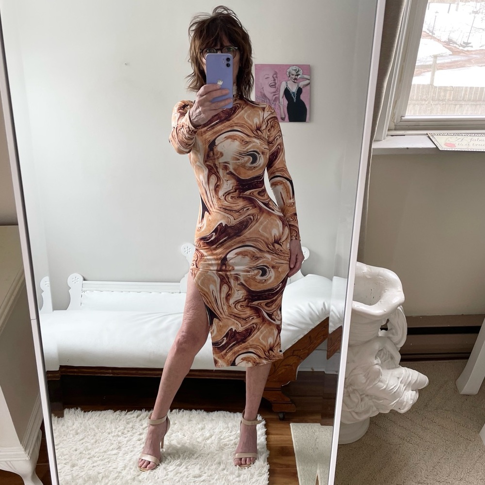ORANGE BROWN CREAM PRINT LONG SLEEVE TURTLENECK DRESS SIDE SLIT STRETCH